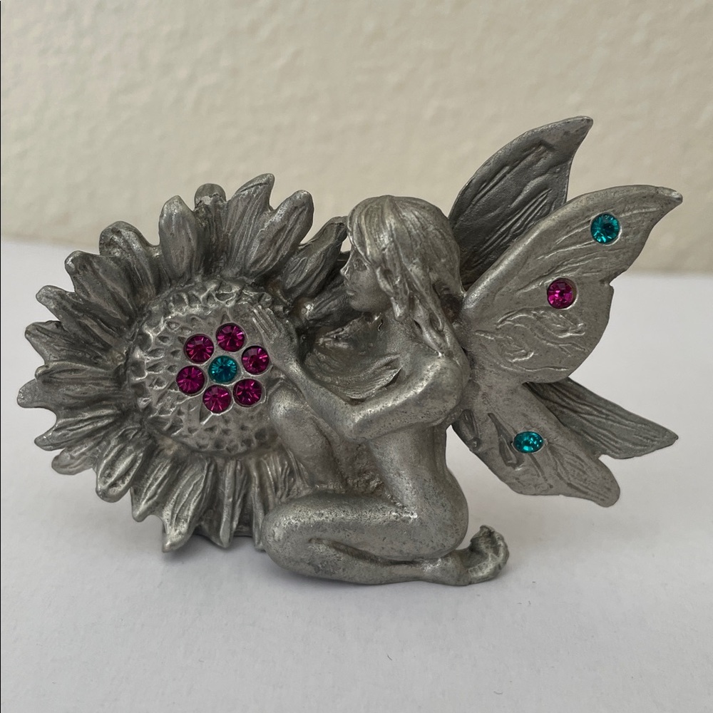 Pewter Fairy and Sunflower Figurine with Gem Accents 2 inch tall